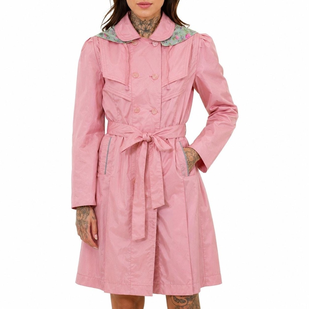 Vintage Pastel Pink Rain Coat Womens XS Hooded Puff Sleeve Double Breasted Belte